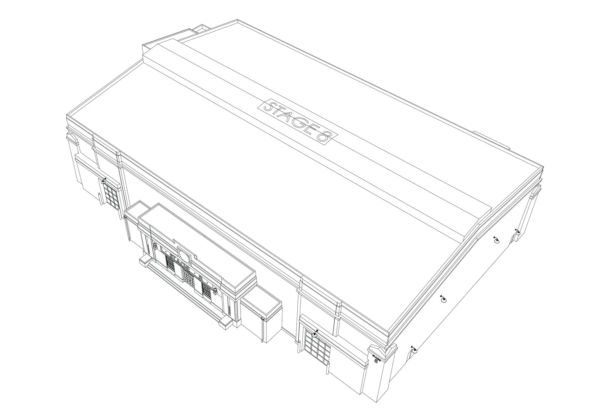 Architectural line drawing of a building labeled "STAGE 8" on its roof.