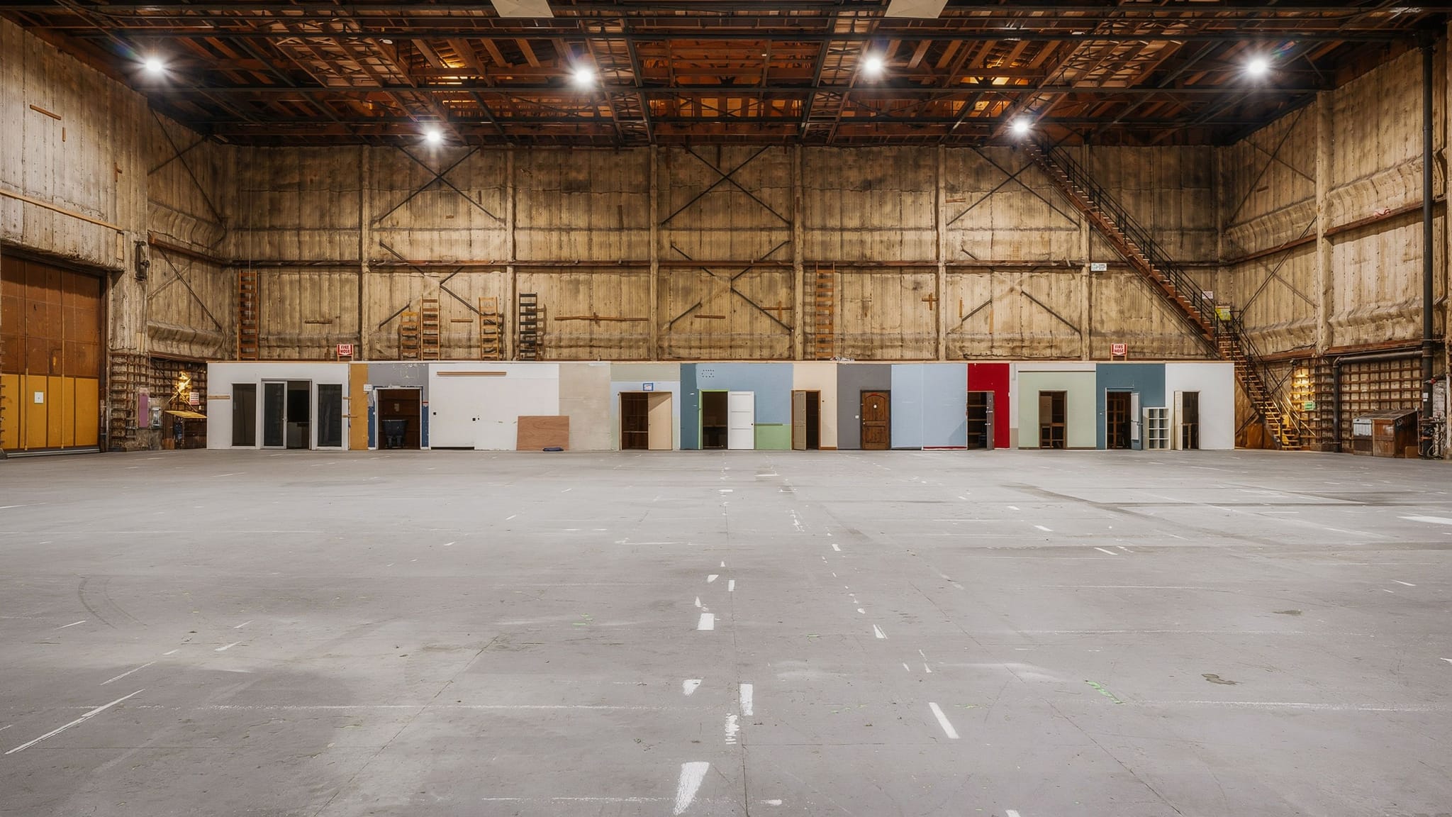 An empty industrial warehouse with a long row of diverse doors and wall panels.