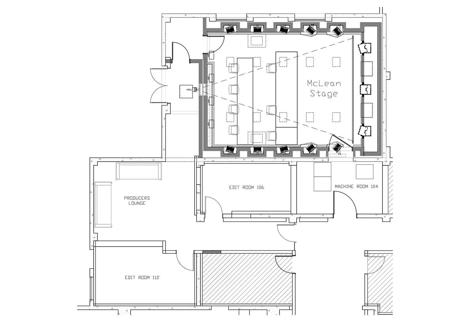 Architectural floor plan of a stage area labeled "WISE STAGE," showing a sound lock, change room, and machine room.