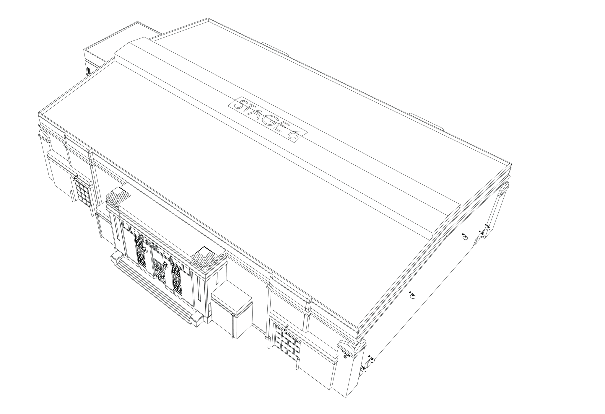 Wireframe drawing of a large building with "STAGE 6" on its roof, viewed from above.