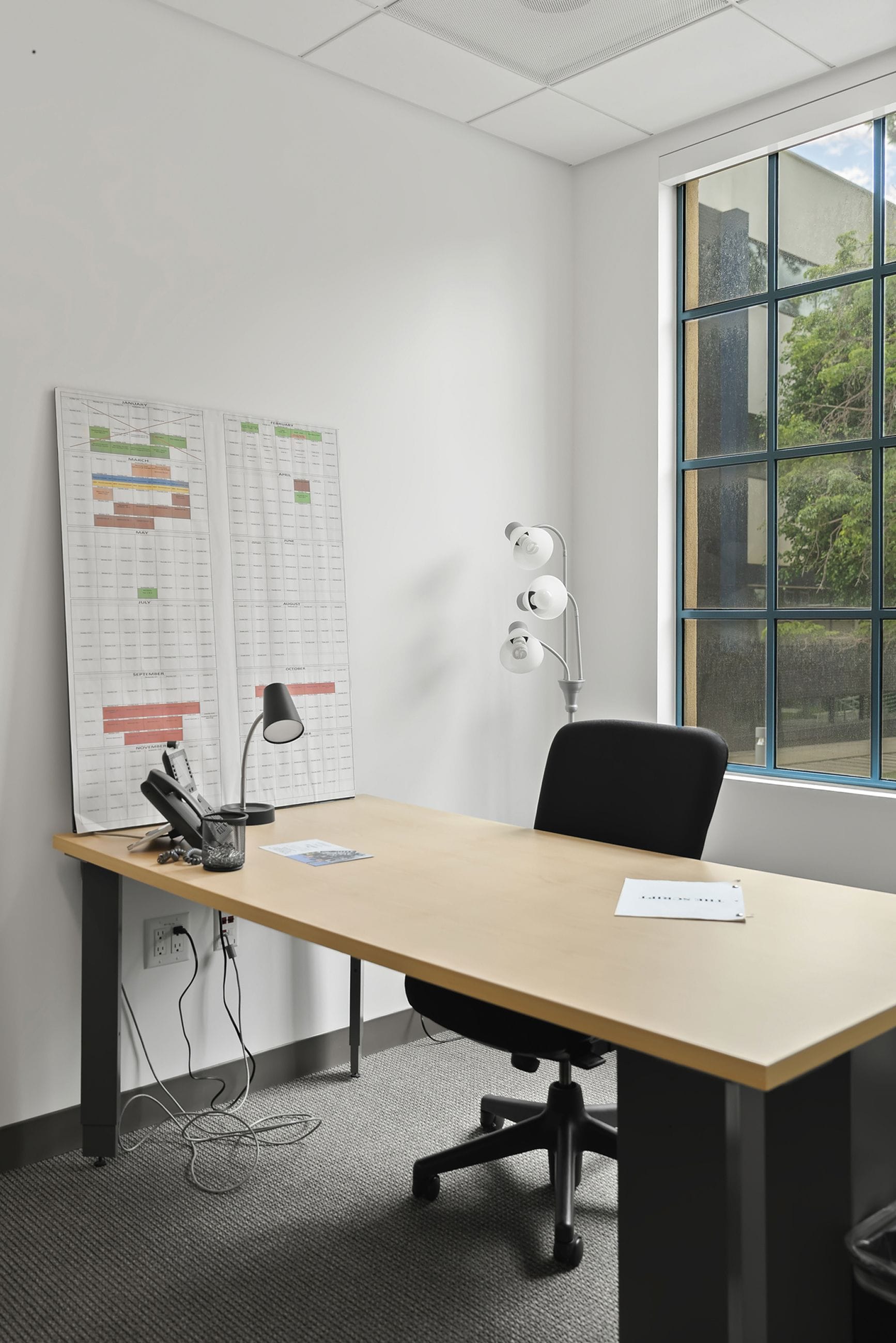 A modern office with a light wood desk, black chair, a desk lamp, a floor lamp, a large wall chart, and a grid window overlooking trees.