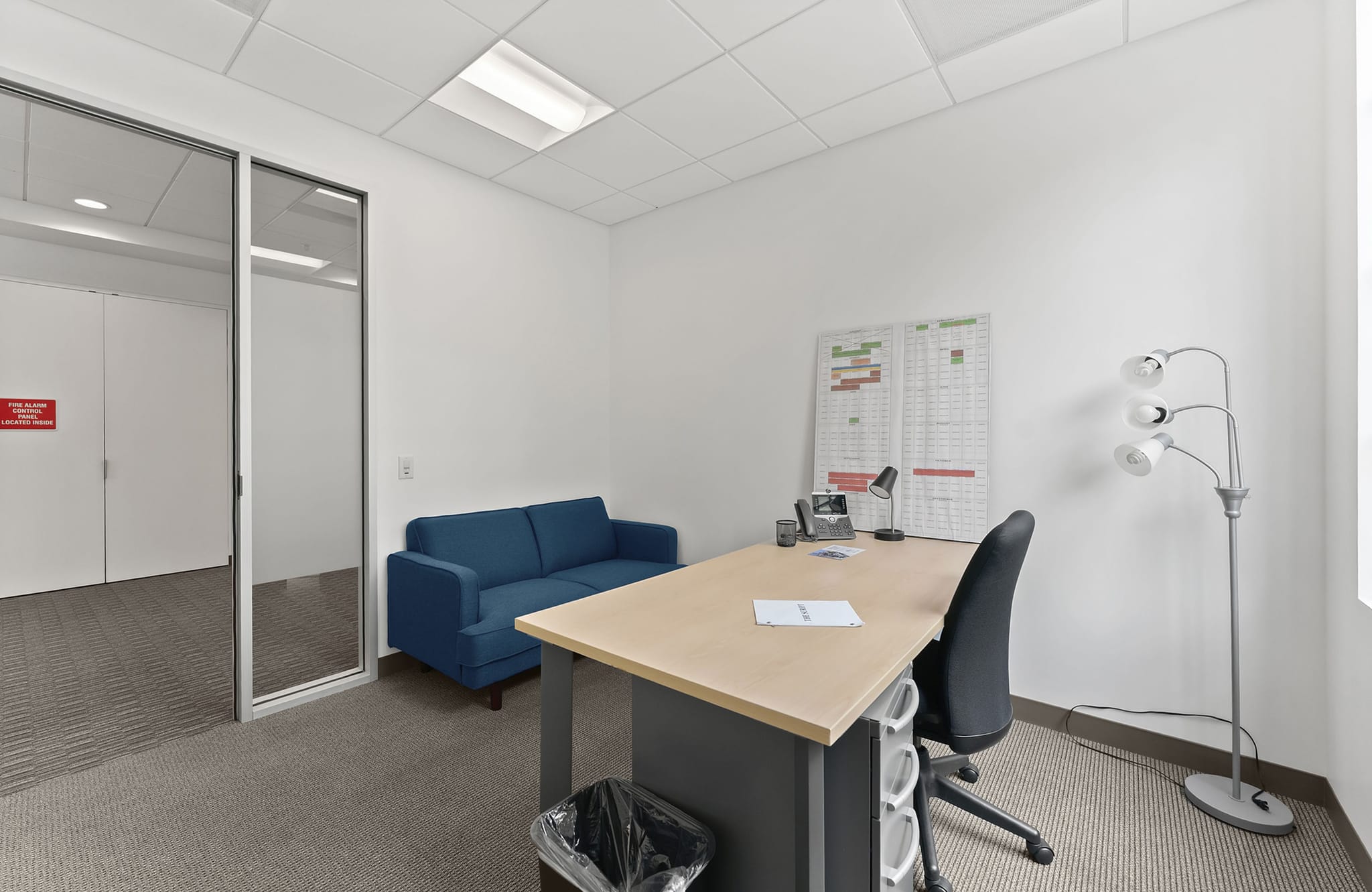 A bright, modern office with a blue sofa, a light wood desk, a black office chair, and a glass door.