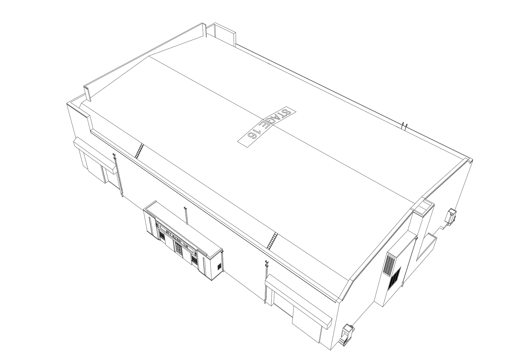 Wireframe drawing of a building labeled "STAGE 16" from an aerial view.