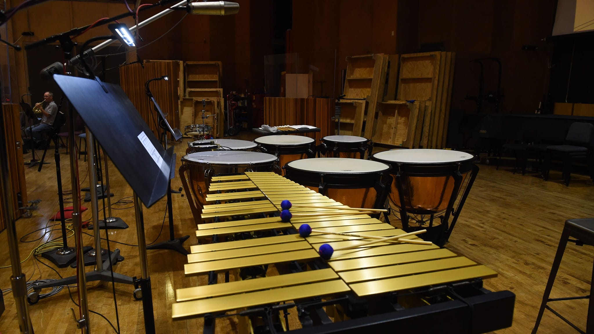 A vibraphone, timpani drums, and microphones are set up in a recording studio, with a musician playing a horn in the background.