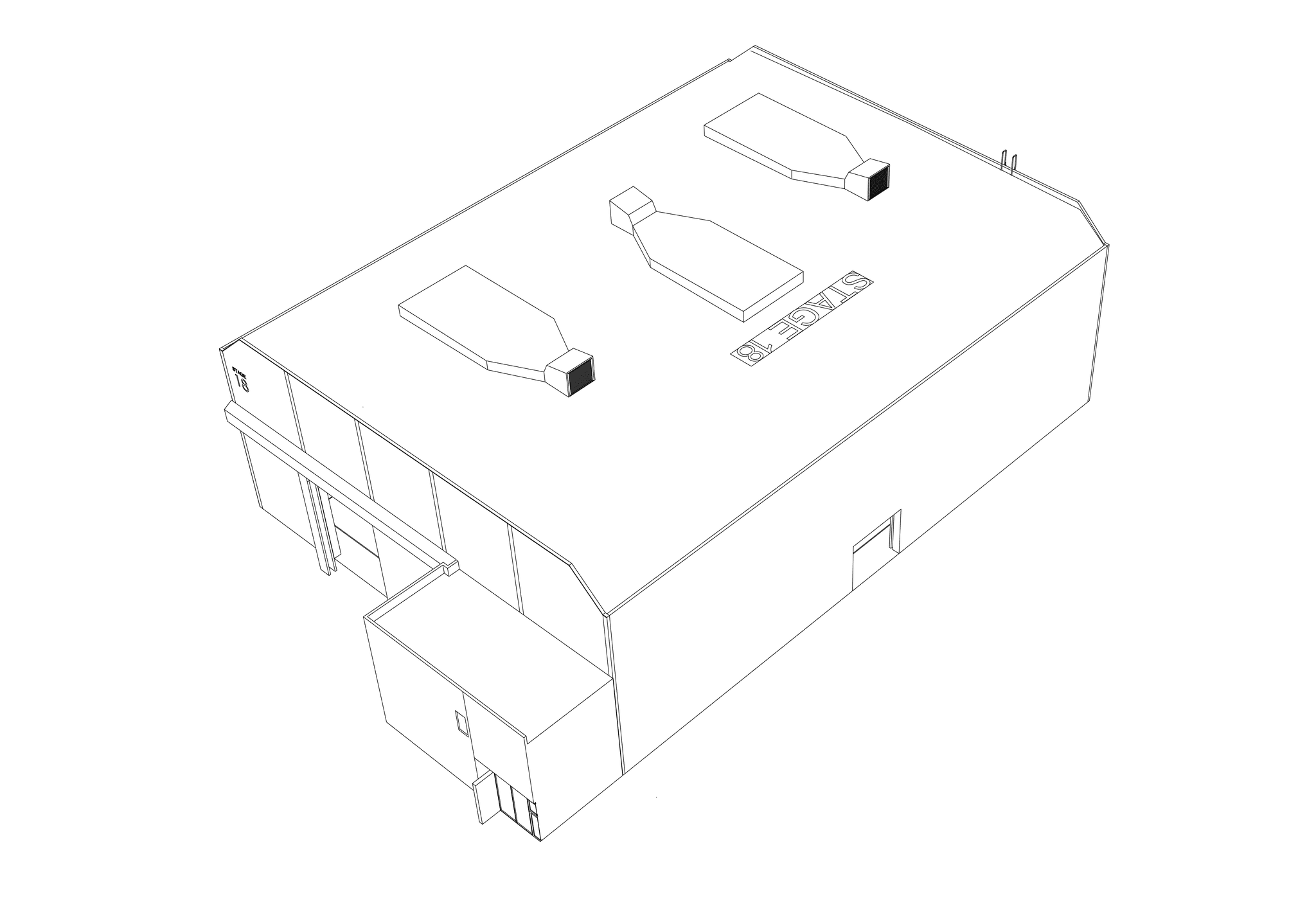 Wireframe drawing of a building with "STAGE 18" on the roof.