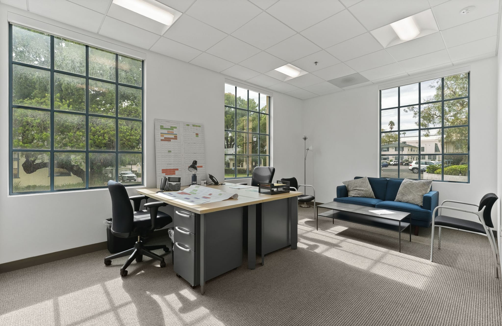 Bright office with a desk, blue sofa, and large grid windows overlooking trees and buildings.