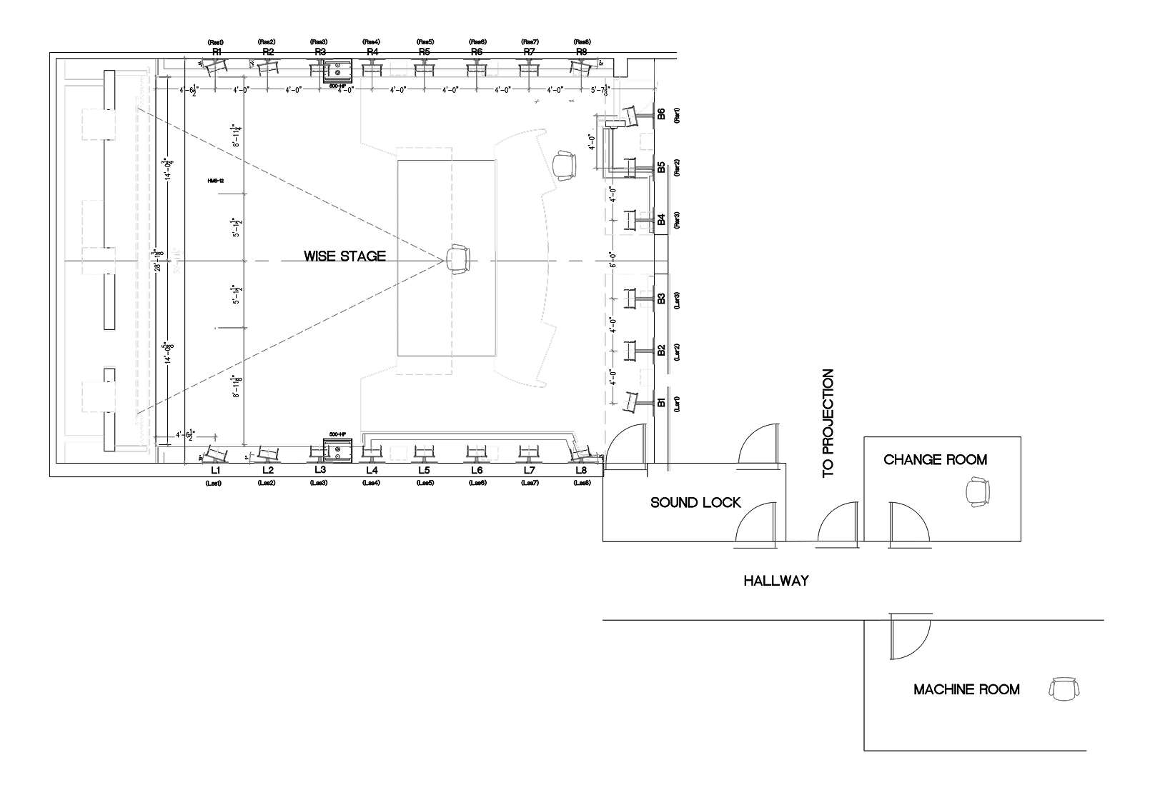 Architectural floor plan of a stage area labeled "WISE STAGE," showing a sound lock, change room, and machine room.