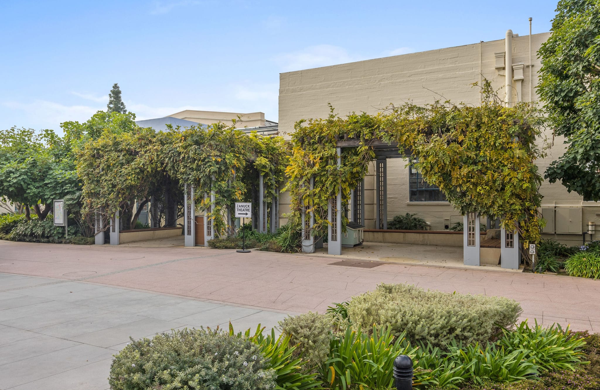 A paved walkway leads under a large pergola draped in green vines, with a light-colored building in the background.