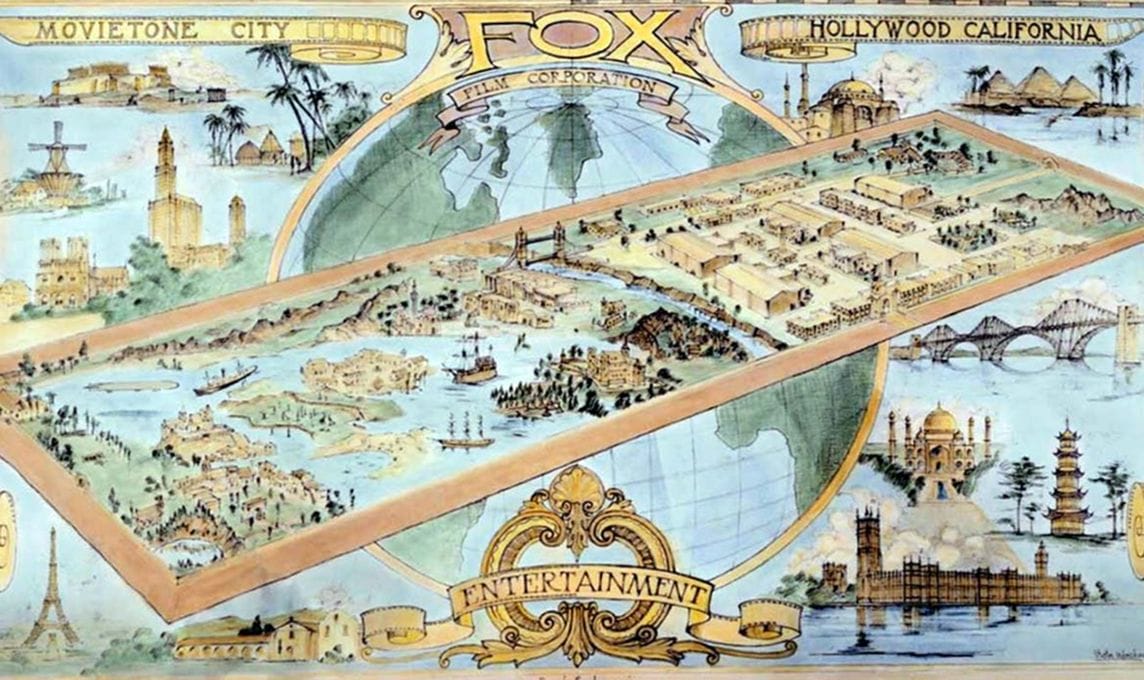 Vintage illustrated map showing Fox Film Corporation's Movietone City studios surrounded by global landmarks and diverse scenes, representing world entertainment.