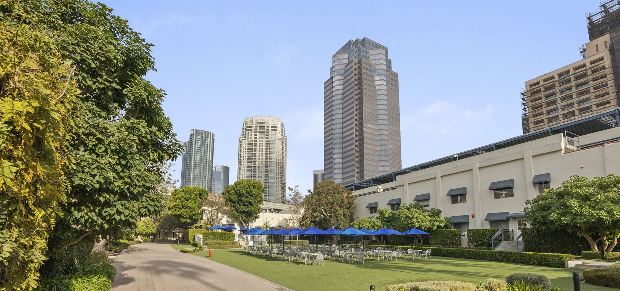 A manicured lawn with tables and blue umbrellas, backed by a building and several skyscrapers.