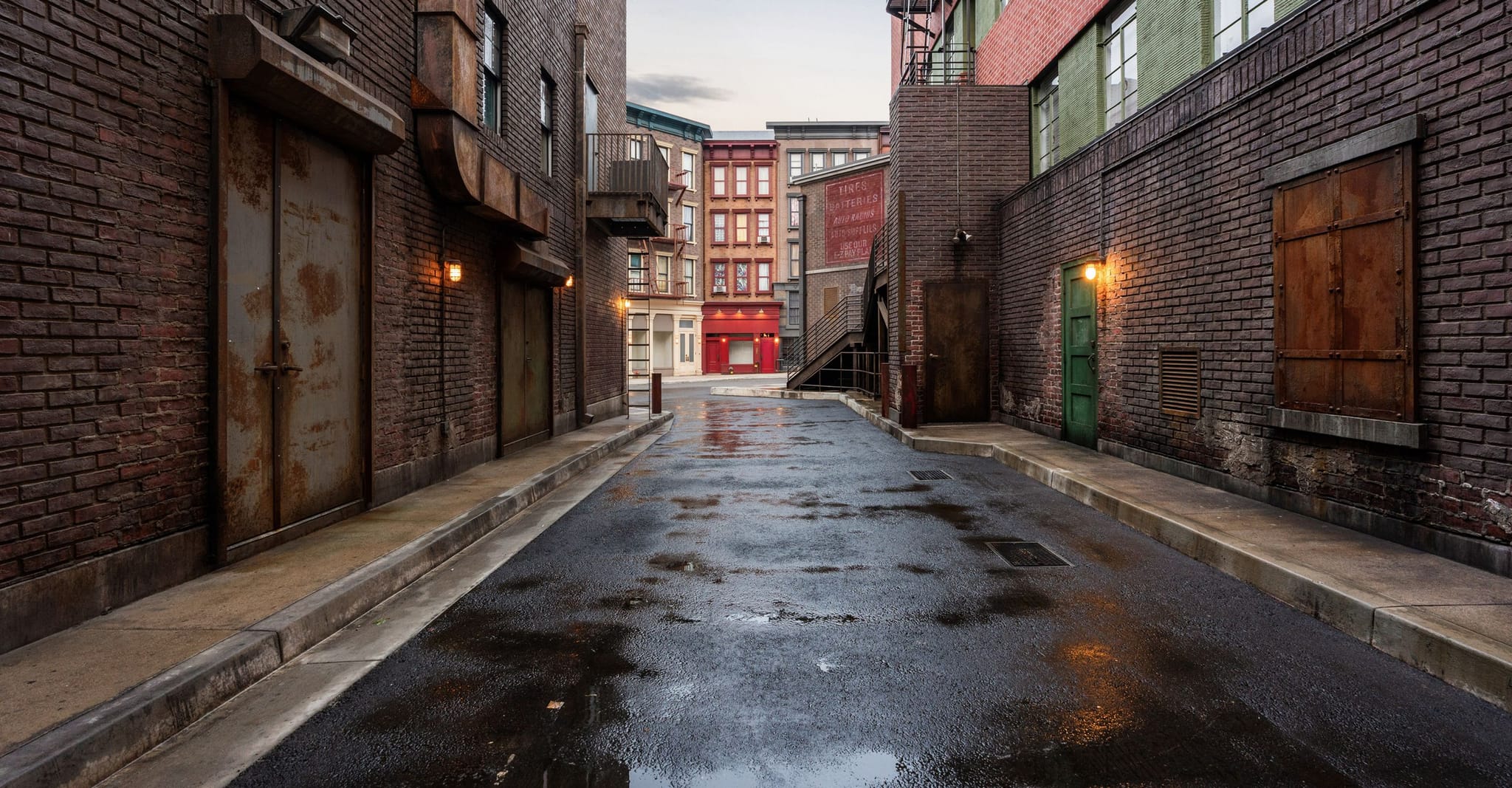 A wet urban alleyway lined with old brick buildings.