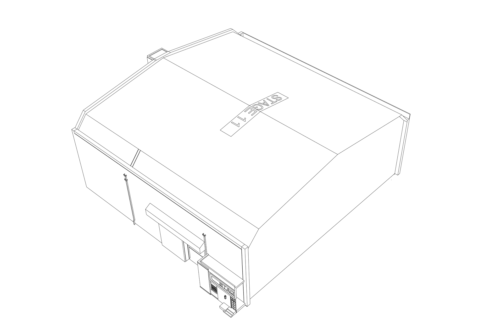 Wireframe drawing of a building labeled "STAGE 11" on its roof, viewed from an elevated angle.