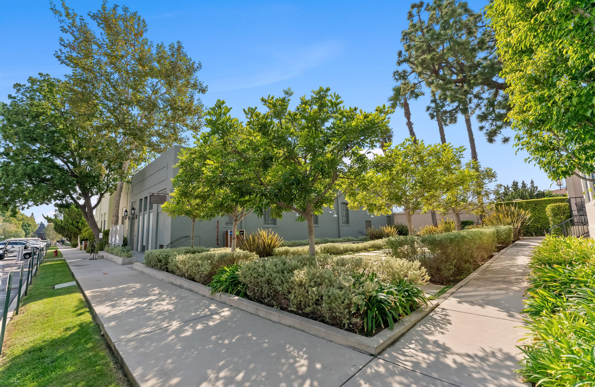 A paved sidewalk next to a landscaped garden with trees, shrubs, and a building under a blue sky.