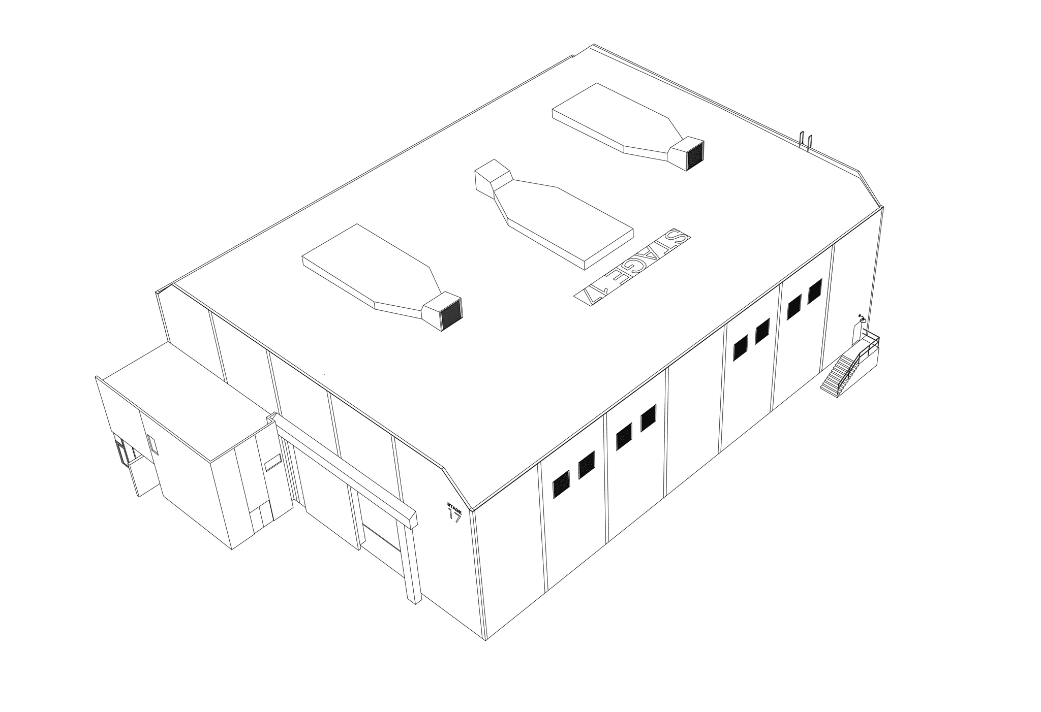 A line drawing of a rectangular building with three vents and "STAGE 12" written on the roof, from an aerial view.