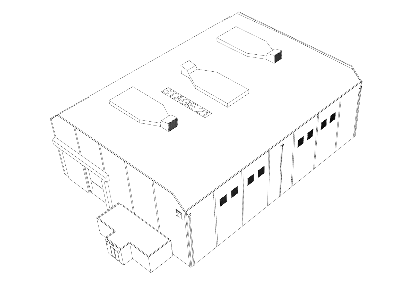 Isometric line drawing of a building with "STAGE 21" on its roof, featuring rooftop vents and small windows.